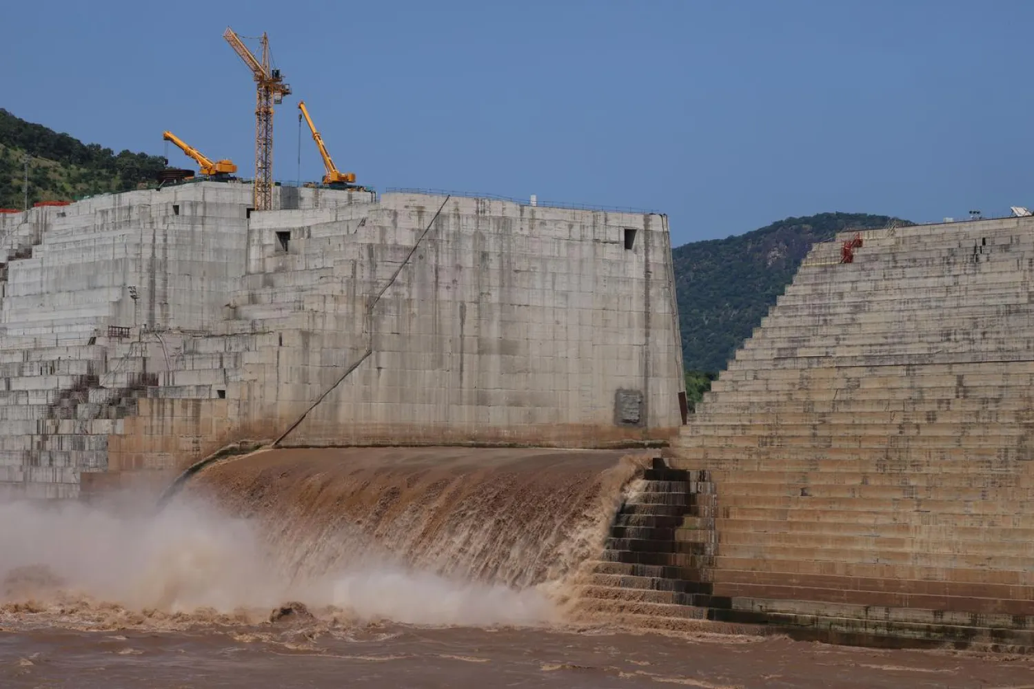 Water flows through Ethiopia's Grand Renaissance Dam as it undergoes construction work on the river Nile in Guba Woreda, Benishangul Gumuz Region, Ethiopia September 26, 2019. (Reuters)