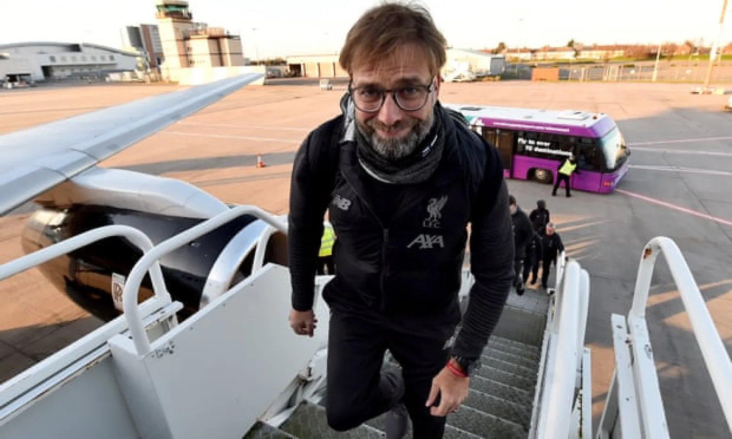 Jürgen Klopp boards a plane to Salzburg earlier in the season. Klopp not being in Liverpool has been a key content-generator in recent weeks. Photograph: Andrew Powell/Liverpool FC via Getty Images
