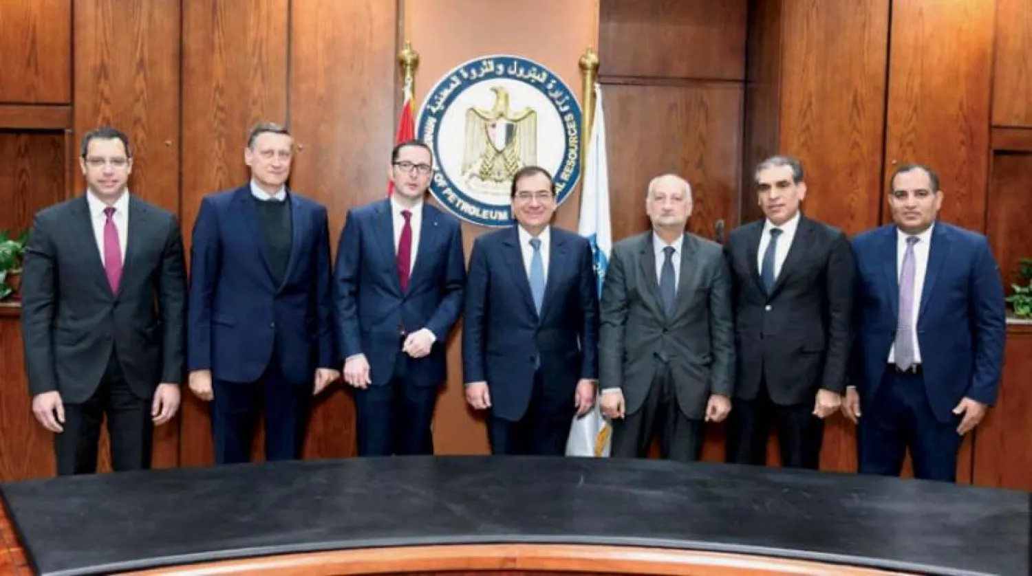 Petroleum Minister Tarek El-Molla with the heads of the Egyptian and German companies (Asharq Al-Awsat)