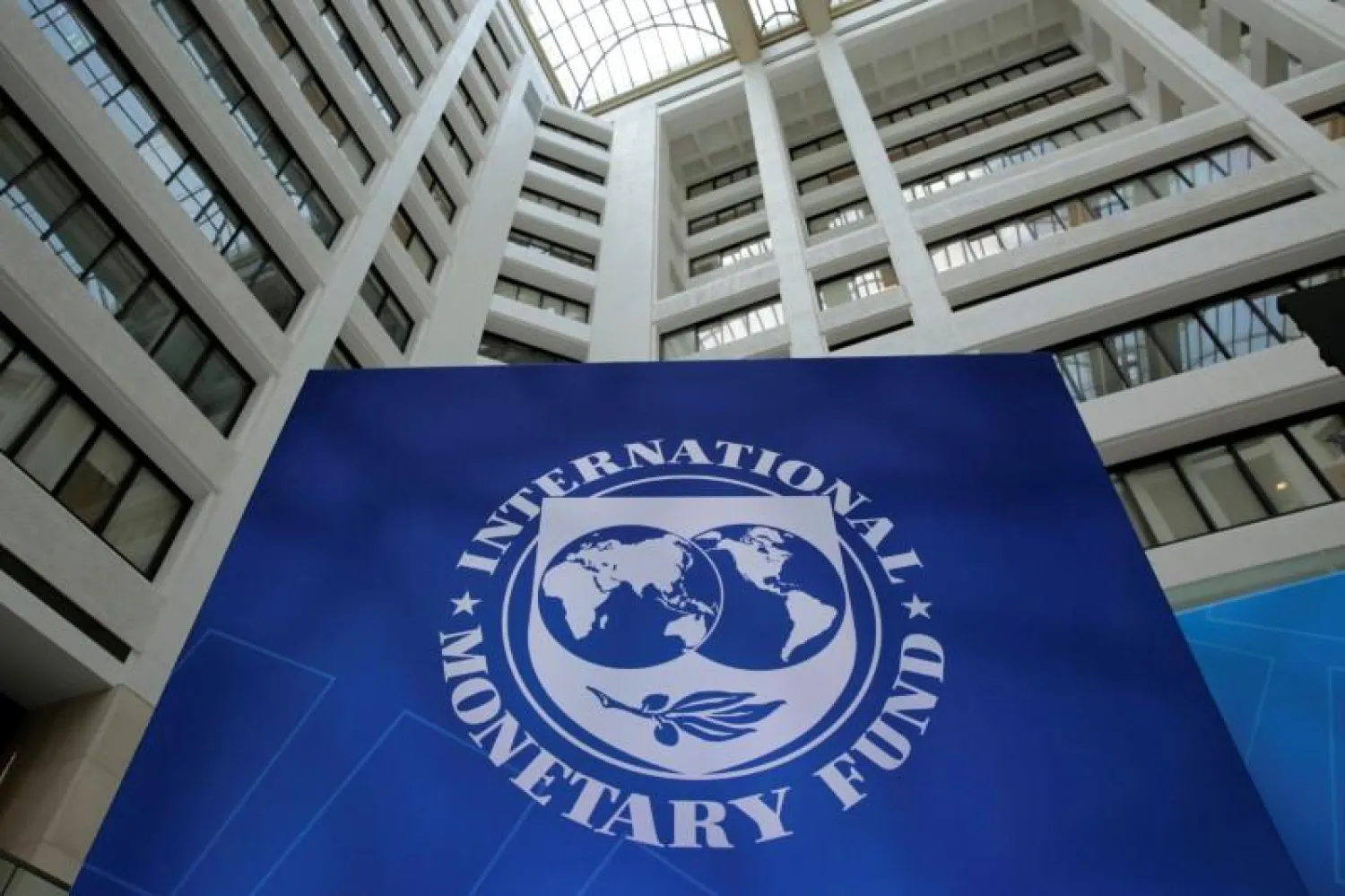 The International Monetary Fund logo is seen during the IMF/World Bank spring meetings in Washington, US. REUTERS/Yuri Gripas