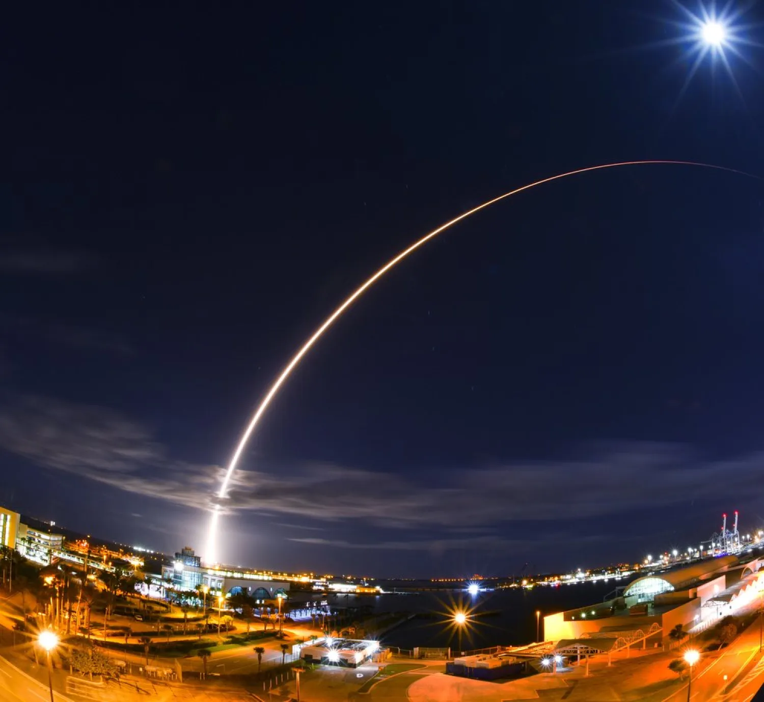 In this wide angle and long exposure shot, United Launch Alliance's Atlas V rocket, lifts off from Launch Complex 41 at Cape Canaveral Air Force Station in in Cape Canaveral, Fla., Sunday night, Feb. 9, 2020. (Malcolm Denemark/Florida Today via AP).