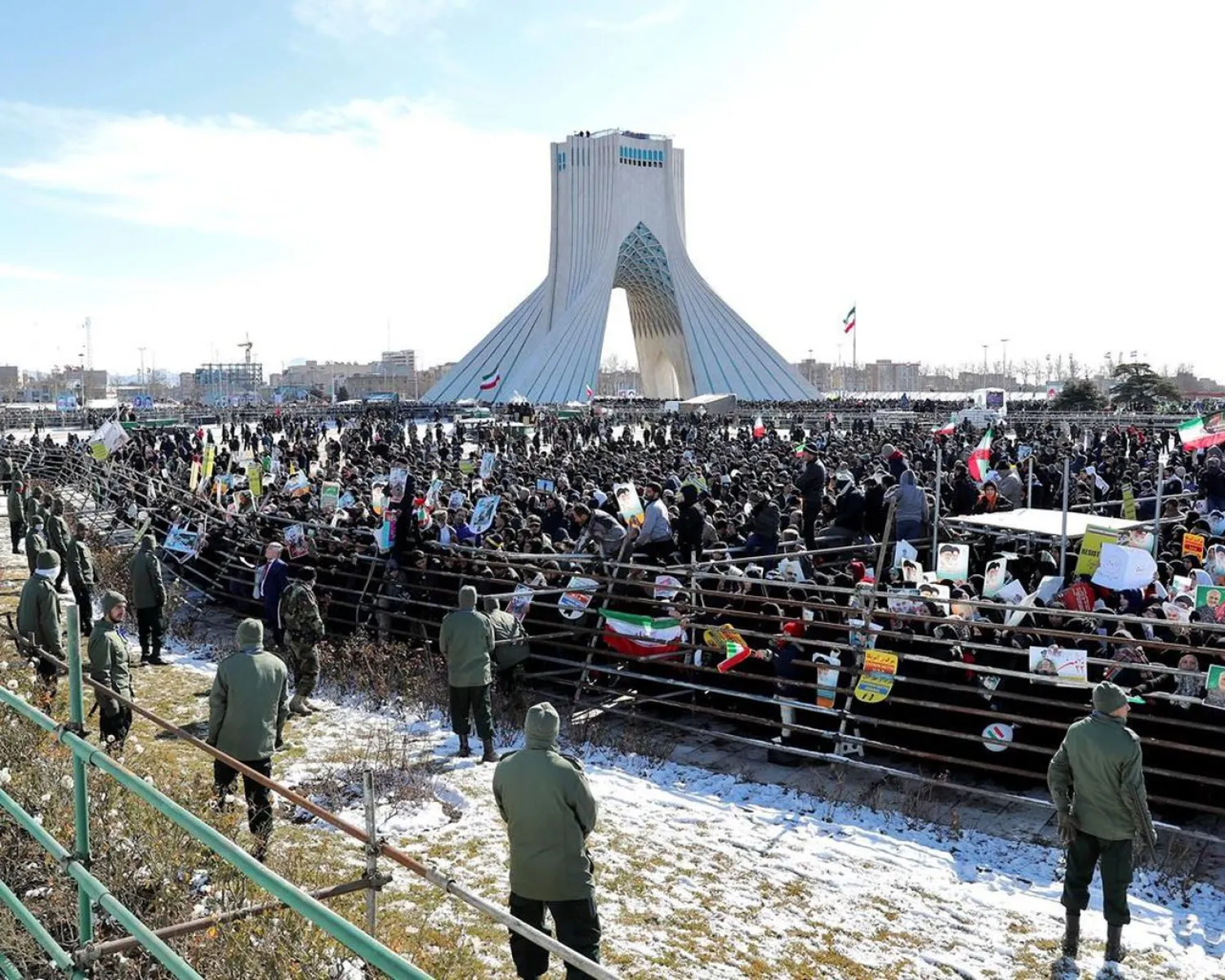 Revolutionary Guard members patrol during the outskirts of a rally at Azadi (Freedom) Square celebrating the 41st anniversary of the Islamic Revolution, in Tehran, Iran, Tuesday, Feb. 11, 2020. (AP Photo/Ebrahim Noroozi)