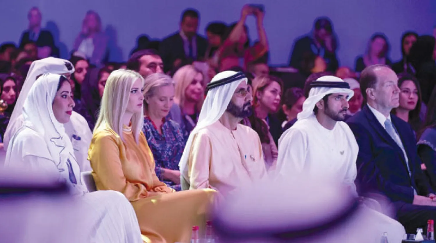 الشيخ محمد بن راشد والشيخ حمدان بن محمد وإيفانكا ترمب وديفيد مالباس ومنى المري في منتدى المرأة (وام)