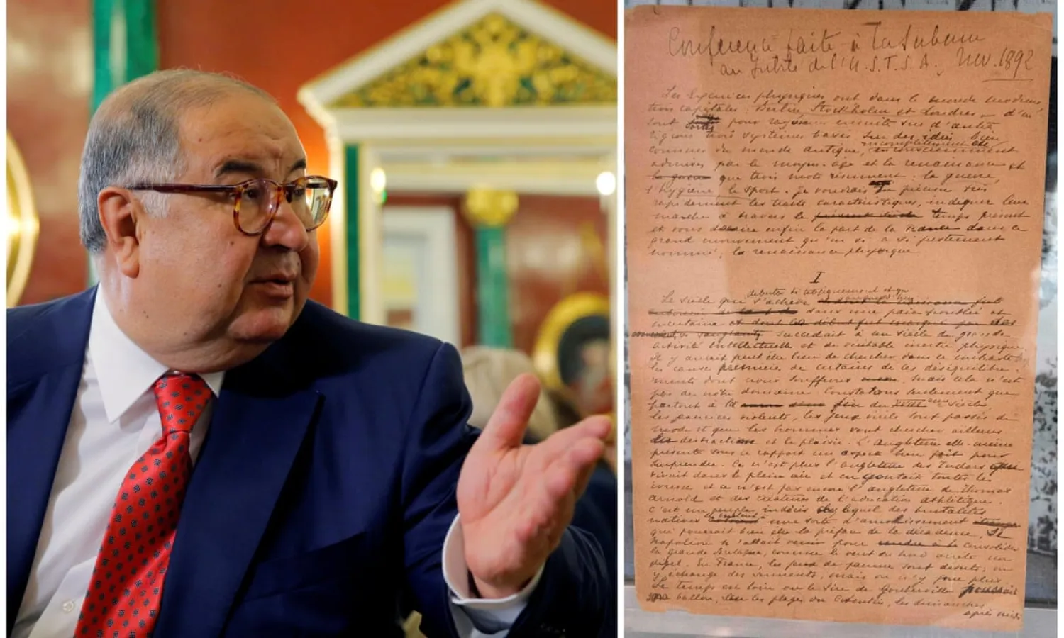 Alisher Usmanov bought the original Olympic manifesto a week after he had suggested Wada’s Russian doping ban was a ‘lynching’. Composite: AFP/Getty Images/Reuters