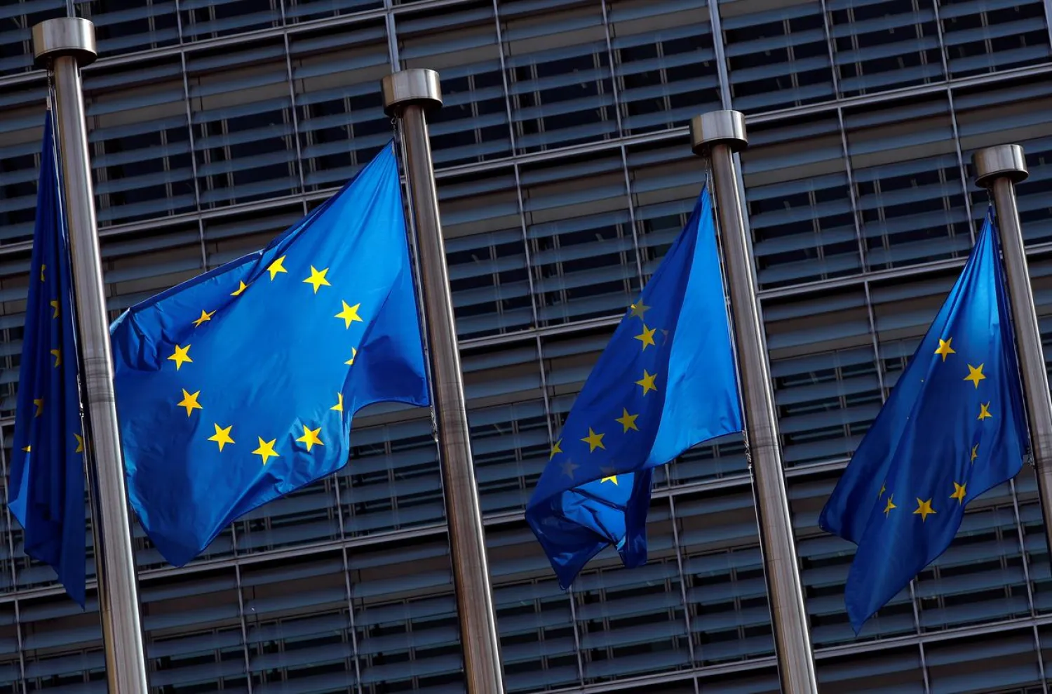 European Union flags are seen outside the EU Commission headquarters in Brussels, Belgium April 1, 2019. (Reuters)