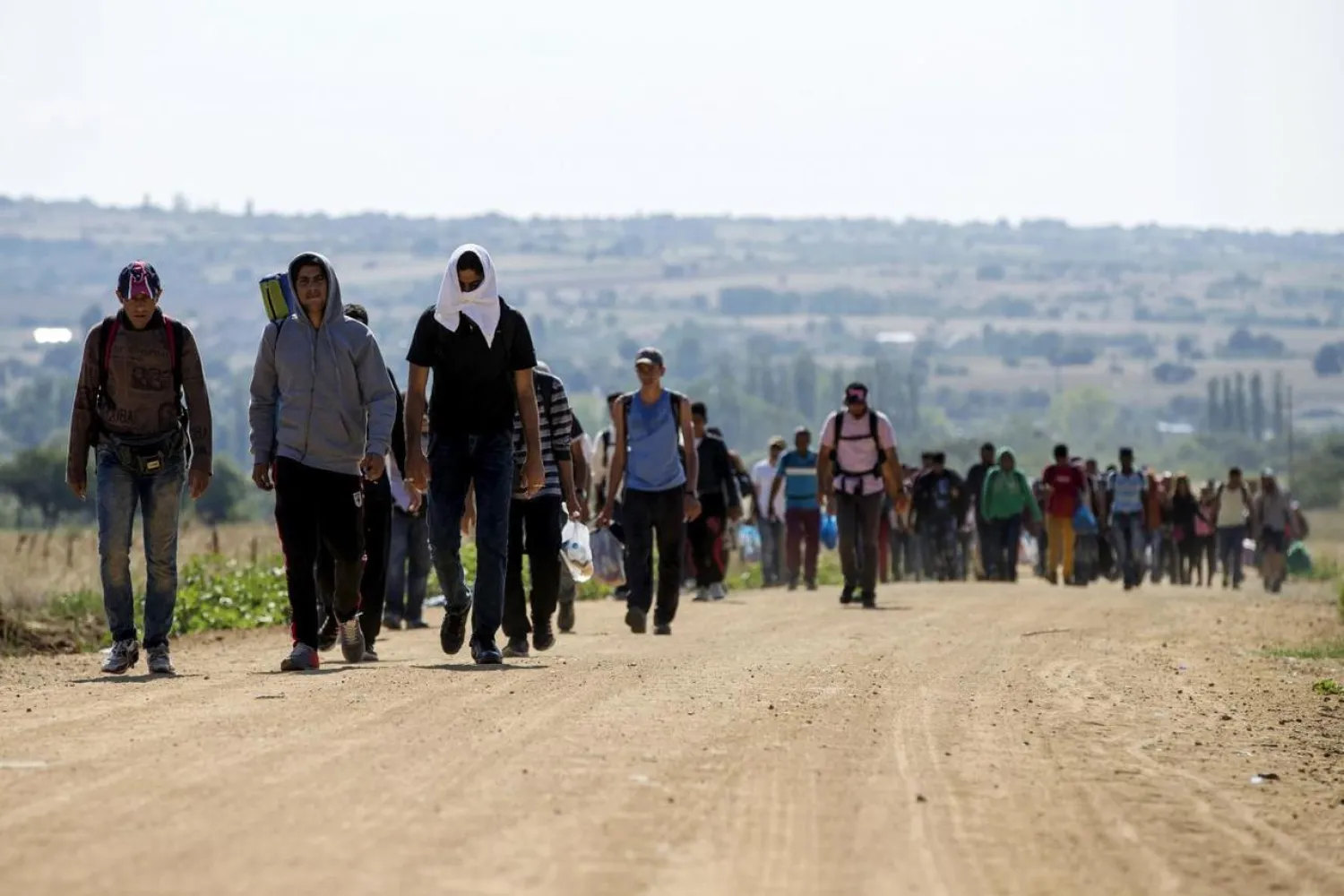 Migrants from Syria walk along a road in the village of Miratovac near the town of Presevo, Serbia August 24, 2015. (Reuters)