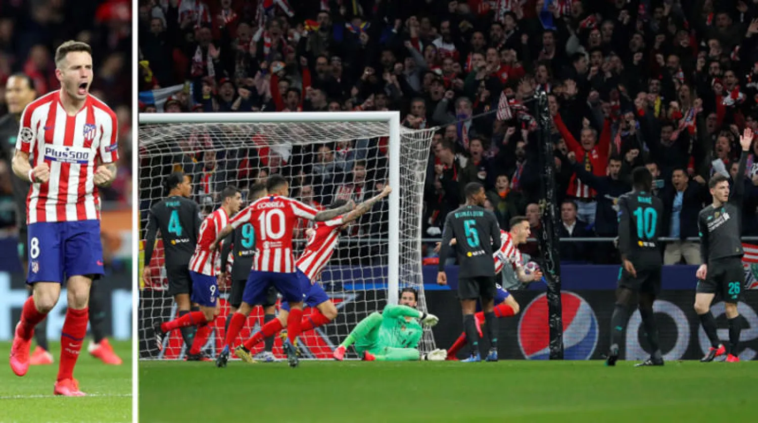 لحظة تسجيل ساؤول هدف فوز أتلتيكو في مرمى ليفربول بذهاب ربع نهائي دوري الأبطال (رويترز)  -  ساؤول يحتفل بهدفه (أ.ب.أ)