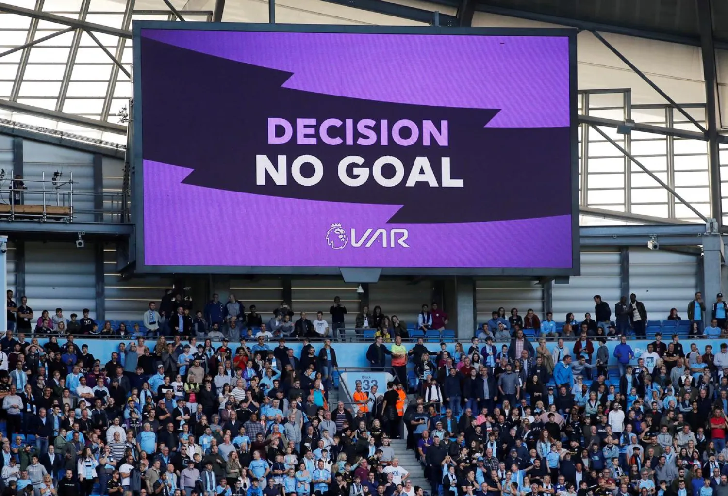 General view of the big screen displaying a VAR decision during a Premier League match. (Reuters)