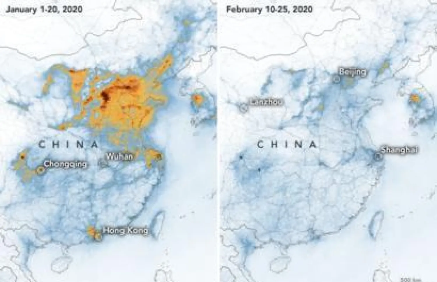 خريطة نشرتها وكالة «ناسا» للفضاء تُظهر انخفاض نسب التلوث (إ.ب.أ)