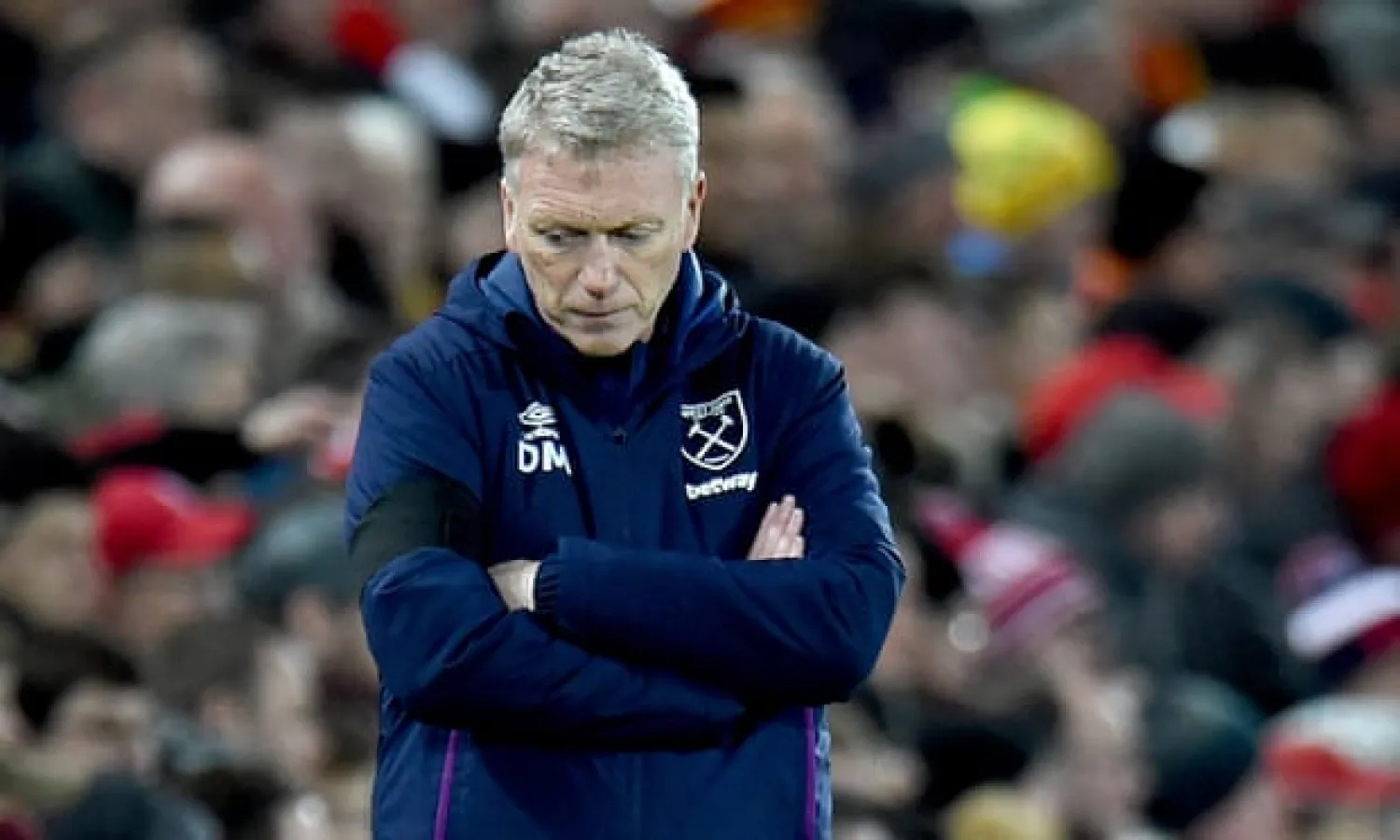  David Moyes suffers during Monday’s defeat at Anfield – where he has never won in almost 20 years of trying. Photograph: Peter Powell/EPA
