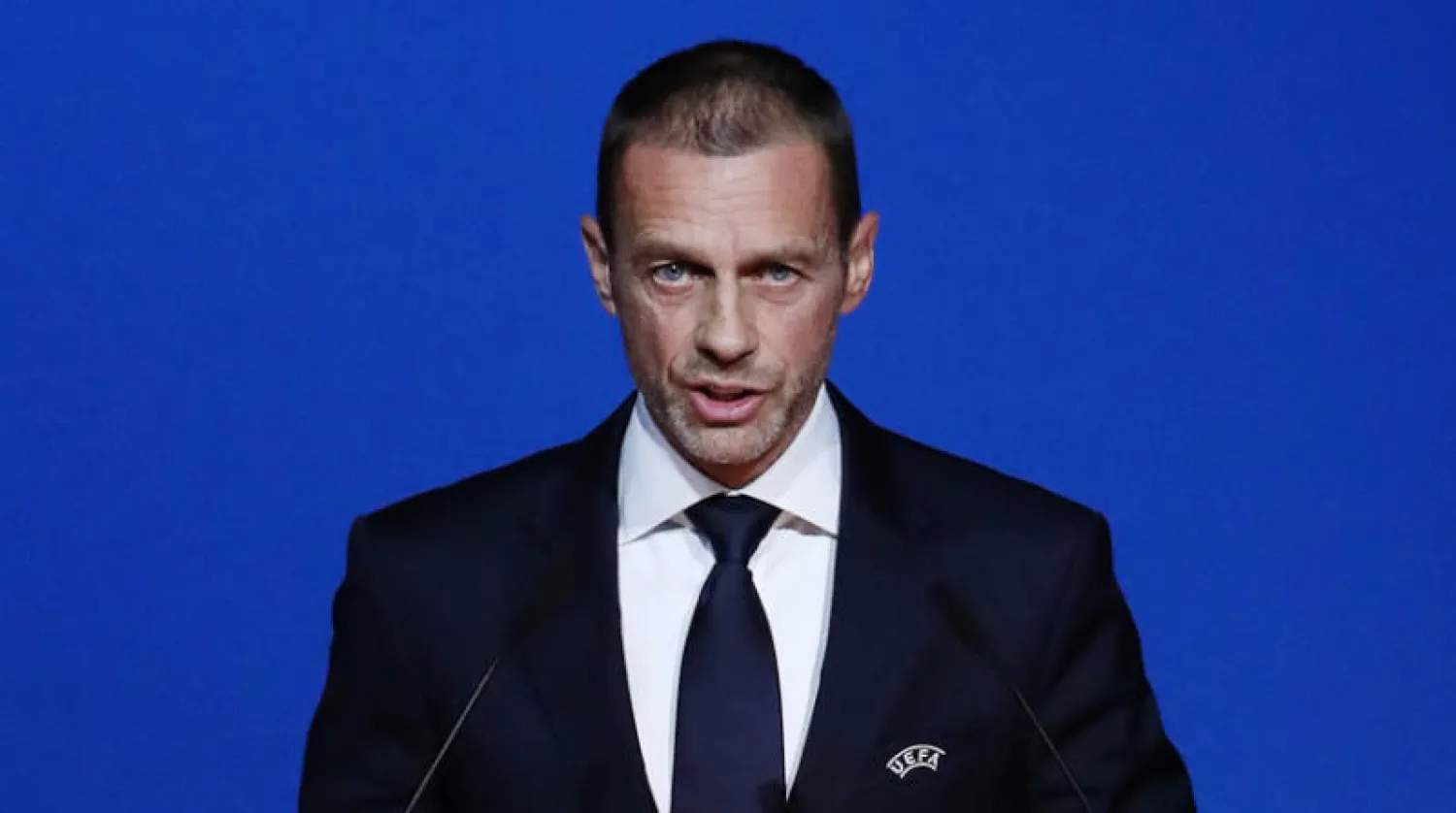 رئيس {يويفا} أثناء إلقاء كلمته (رويترز)