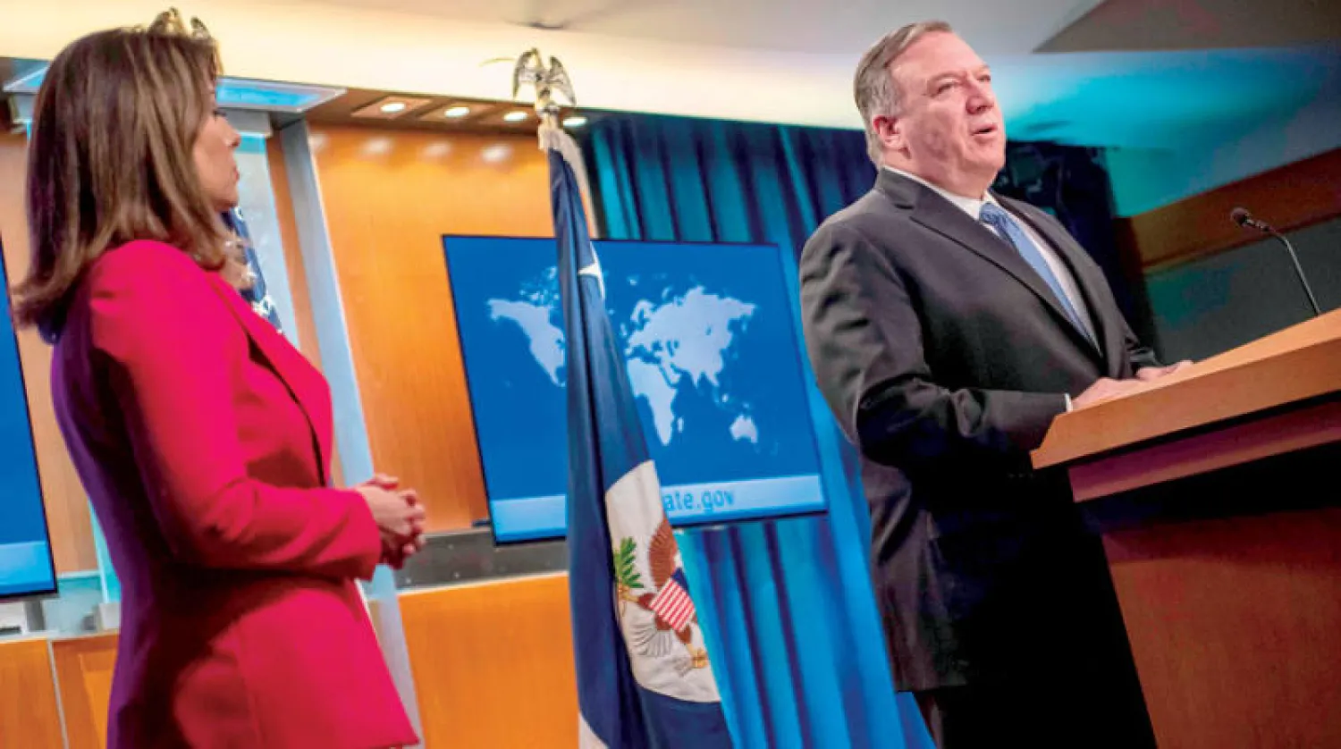 بومبيو متحدثاً عقب قرار المحكمة في لاهاي بفتح تحقيق بشأن جرائم حرب أميركية محتملة في أفغانستان (أ.ف.ب)