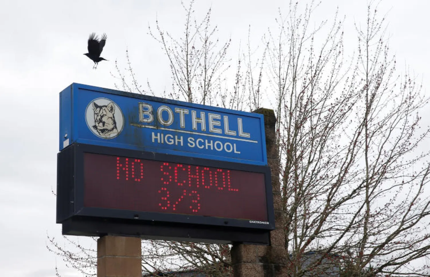 لوحة إلكترونية لإعلام الأهالي بأن المدرسة مقفلة في مدينة بوثيل بولاية واشنطن في غرب الولايات المتحدة (رويترز)