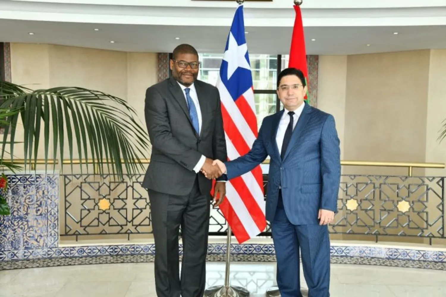 Liberian Foreign Minister Gbehzohngar Findley with Morocco's Foreign Affairs Nasser Bourita. Photo: Moroccan Ministry of Foreign Affairs