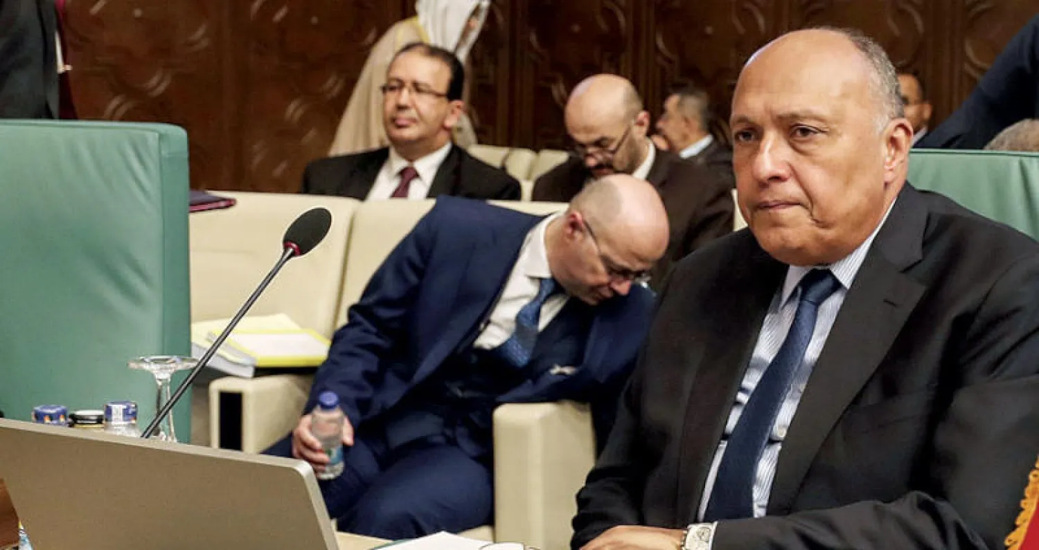 وزير الخارجية المصري سامح شكري لدى حضوره اجتماع وزراء الخارجية العرب بالقاهرة (أ.ف.ب)