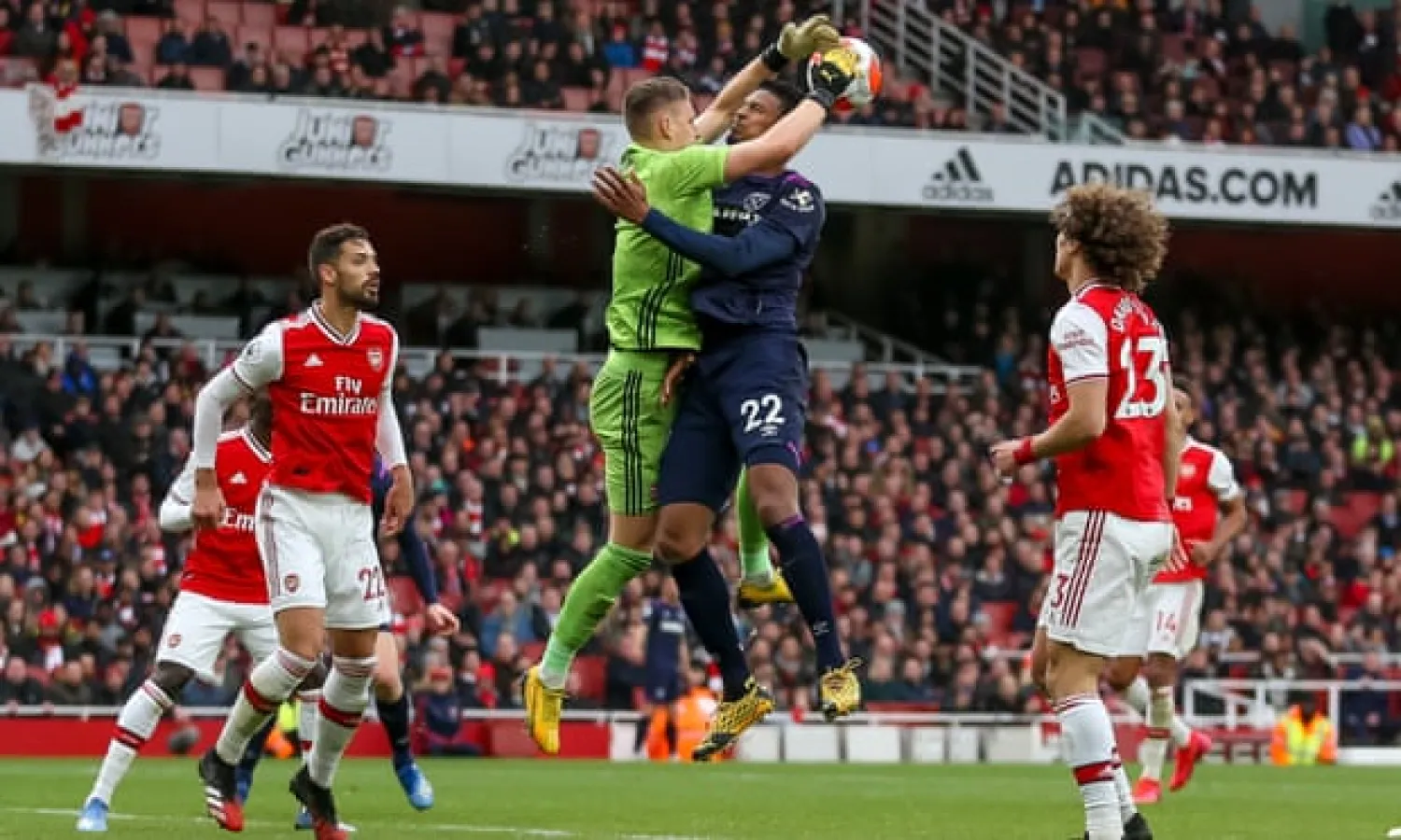  Bernd Leno challenges Sébastien Haller during Saturday’s win. Photograph: Elli Birch/IPS/Shutterstock

