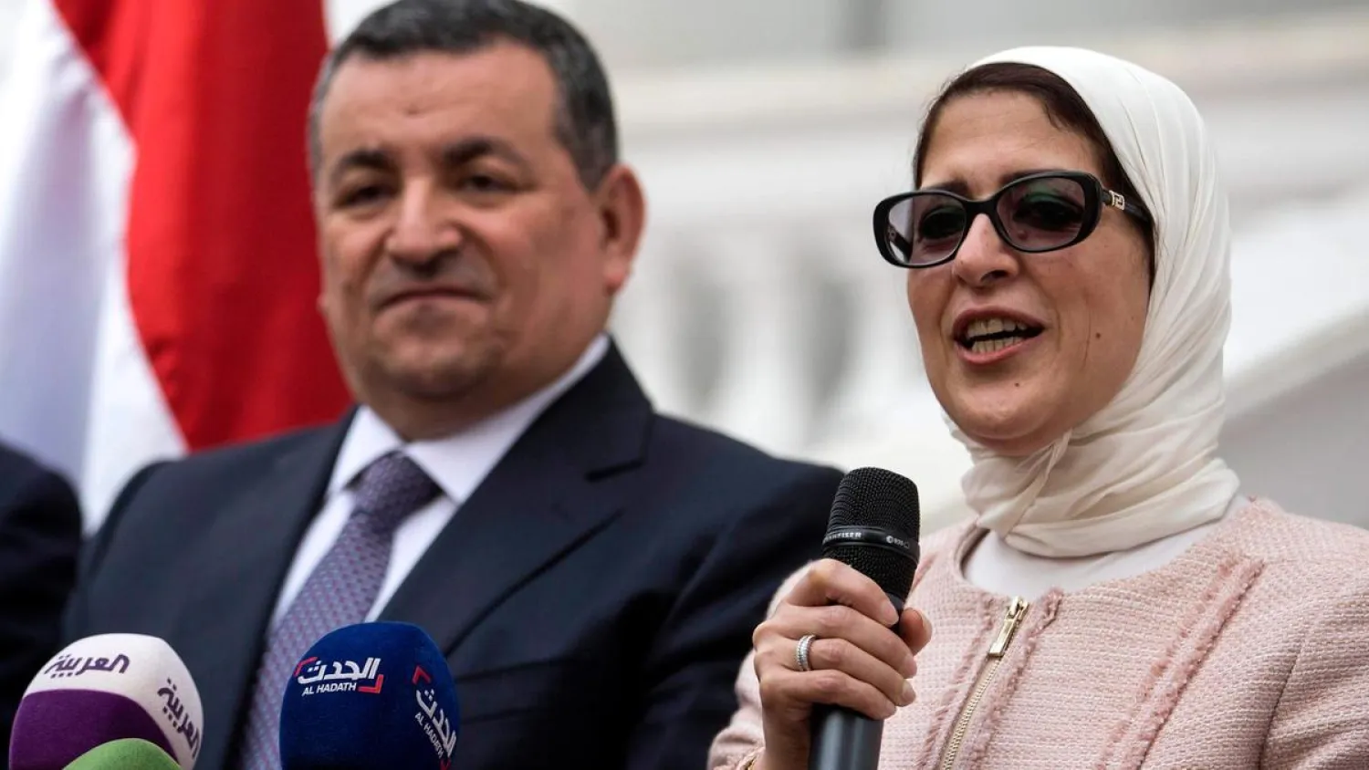 Egyptian Minster of Health Hala Zayed (R) speaks during a press conference to give updates about the coronavirus cases in Luxor and Aswan, in Cairo, Egypt,  March 10, 2020. Coronavirus cases in Egypt have now jumped over 50 according to latest reports. EPA