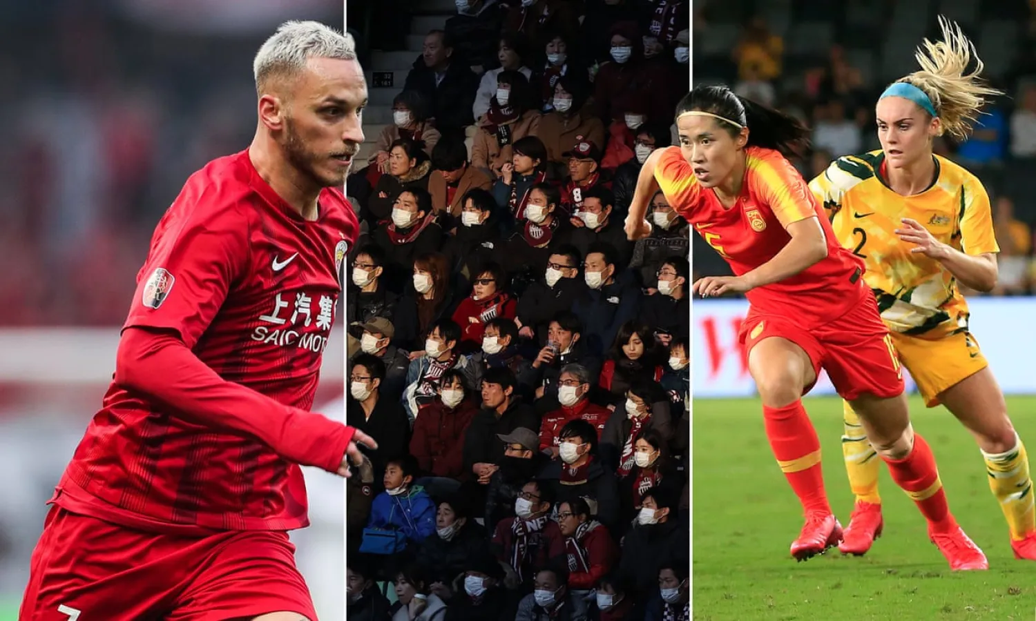 From left to right: Marko Arnautovic of Shanghai, Vissel Kobe fans wearing face masks, Song Duan of China competes for the ball with Ellie Carpenter of the Matildas. Photograph: Getty, Shutterstock
