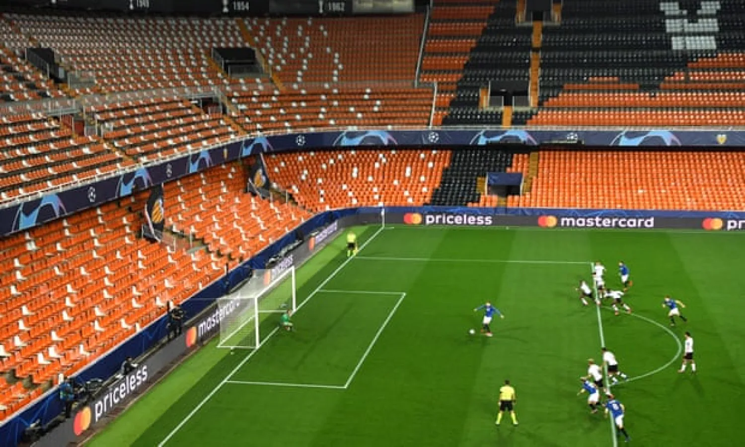  Atalanta’s Josip Ilicic scores an early penalty in his side’s 4-3 away win against Valencia at an empty Mestalla. Photograph: UEFA/EPA
