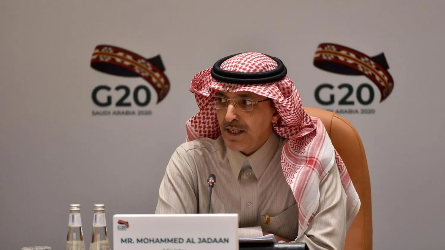  Saudi Minister of Finance Mohammed Al-Jadaan speaks during a meeting of Finance ministers and central bank governors of the G20 nations in the Saudi capital Riyadh on February 23, 2020. AFP 