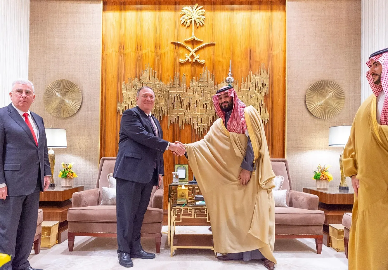 Saudi Crown Prince Mohammed bin Salman receives Pompeo in Riyadh in February. (SPA)