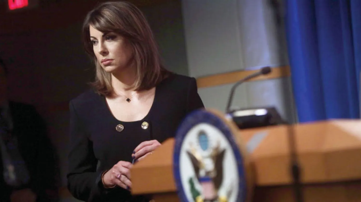 المتحدثة باسم الخارجية الأميركية مورغان أورتاغوس خلال مؤتمر صحافي الشهر الماضي (أ.ف.ب)