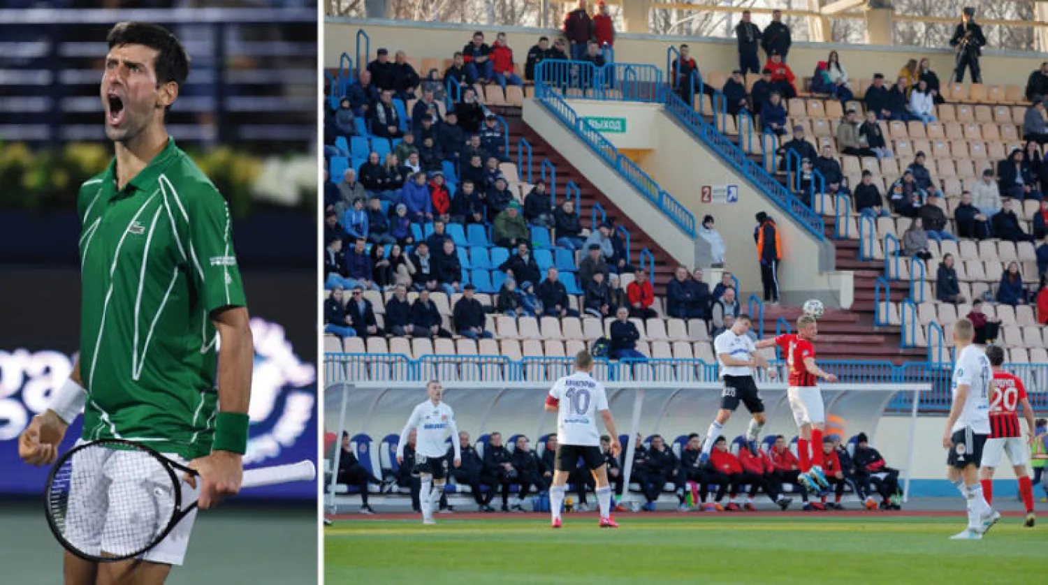 رغم  تأجيل نشاطات كرة القدم في مختلف أنحاء العالم ما زالت ملاعب بيلاروسا تشهد المنافسات المعتادة (رويترز)  -  ديوكوفيتش... بطولات التنس الكبرى تواجه مصيراً مجهولً بسبب كورونا (أ.ف.ب)