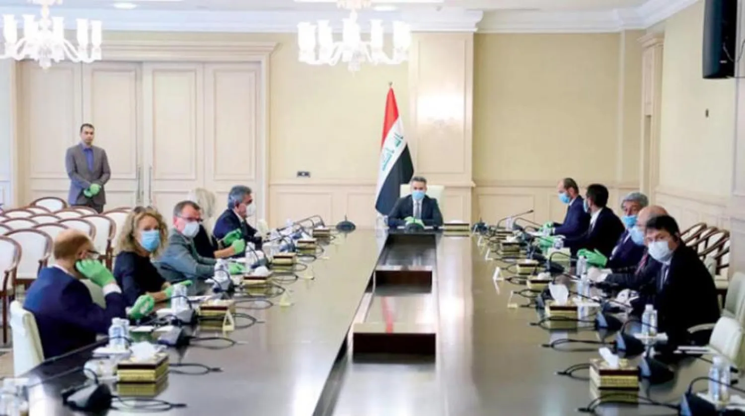 Iraqi Prime Minister-designate Adnan al-Zurfi during a meeting with European Union ambassadors in Baghdad on Saturday, March 28, 2020 (EPA)