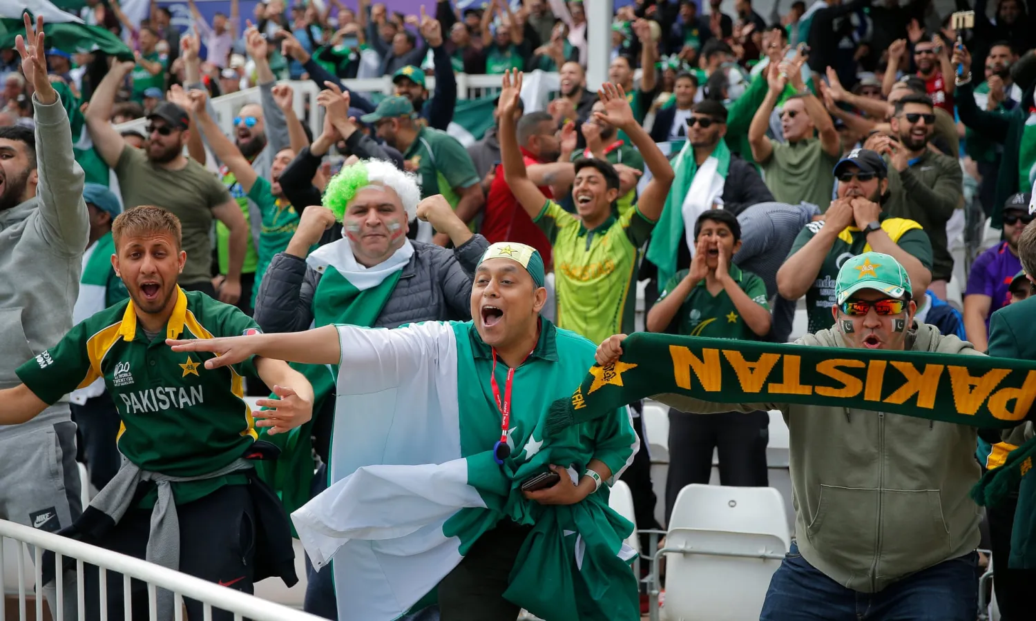 Pakistan fans celebrate during the World Cup match against England at Trent Bridge last summer. Photograph: Tom Jenkins/The Guardian