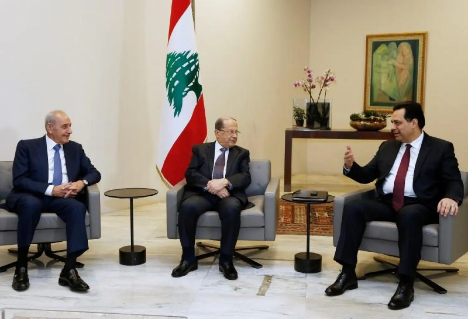  Prime Minister Hassan Diab meets with Lebanon's President Michel Aoun and Lebanese Speaker of the Parliament Nabih Berri at the presidential palace in Baabda, Lebanon January 21, 2020. REUTERS/Mohamed Azakir