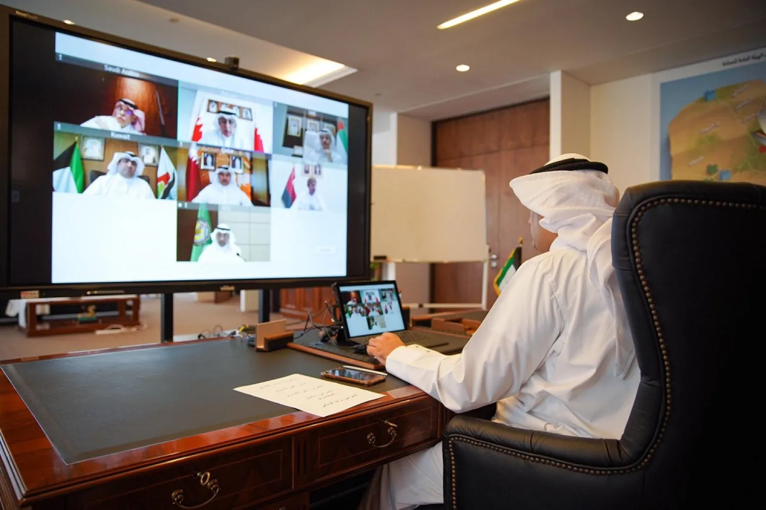 Kuwaiti Minister of Commerce and Industry Khaled al-Roudhan during the GCC ministerial videoconference on Thursday, April 2, 2020. (KUNA)
