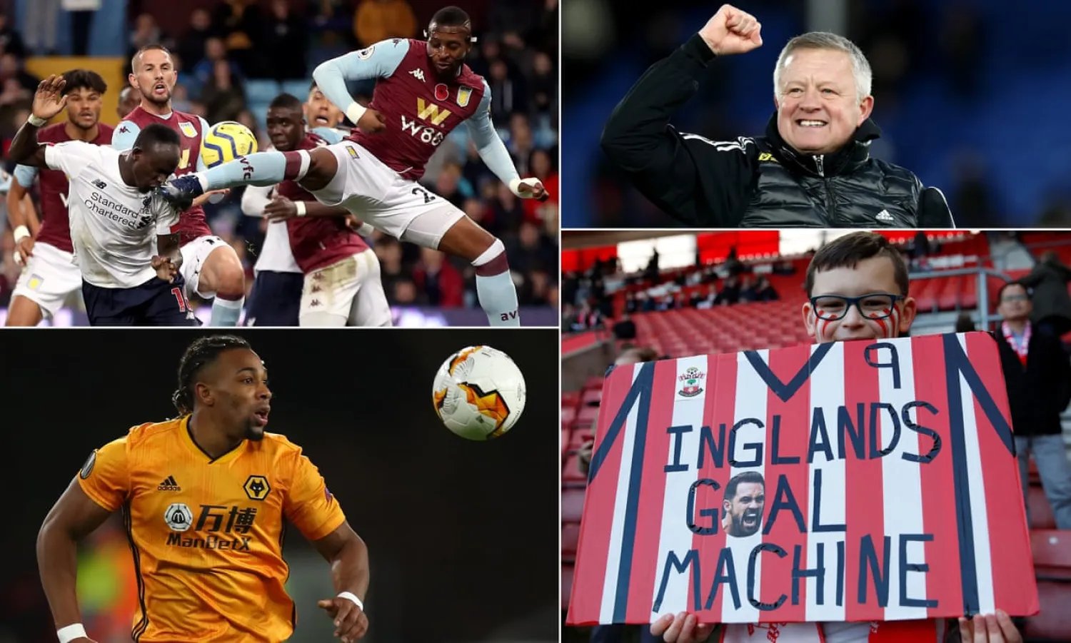  Clockwise from top left: Liverpool’s Sadio Mané scores an injury-time winner at Villa Park; Sheffield United’s manager Chris Wilder; a young fan of Southampton’s Danny Ings; Wolves’ Adama Traore. Composite: PA Images; Action Plus/Shutterstock; Action Images via Reuters; AMA/Getty Images
