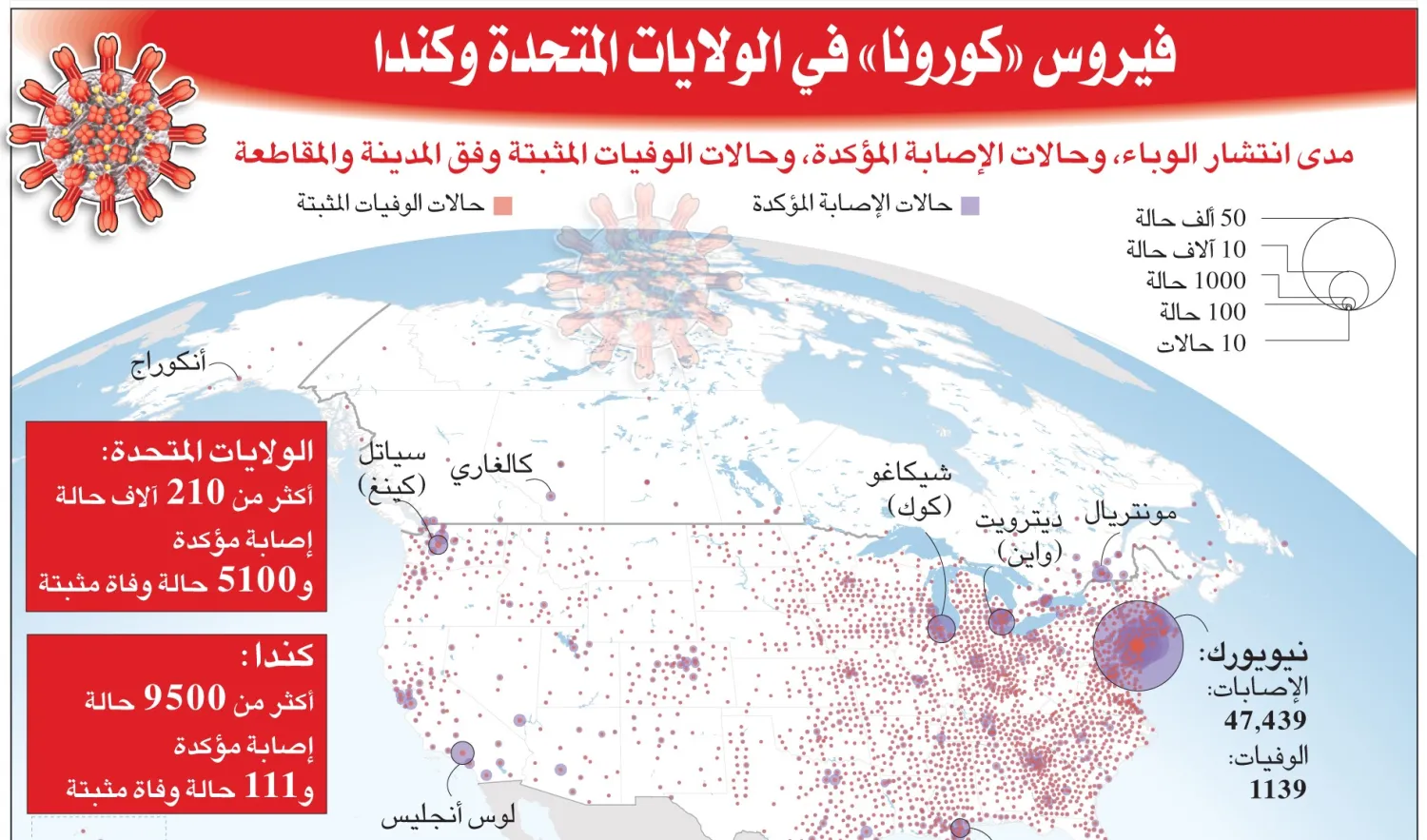 التوزيع الجغرافي لمصابي «كورونا» في الولايات المتحدة وكندا