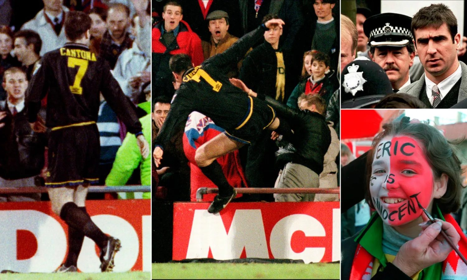 Matthew Simmons launches his tirade, Eric Cantona distributes some retribution, the Frenchman departs Croydon Crown Court and a fan shows her support. Composite: Reuters; Action Images; AFP/Getty; Allsport