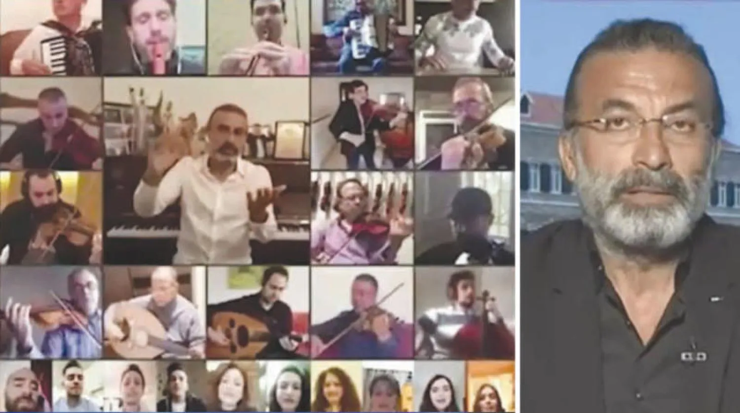 المايسترو أندريه الحاج مع أعضاء الأوركسترا يعزفون تحت شعار «خليك بالبيت»