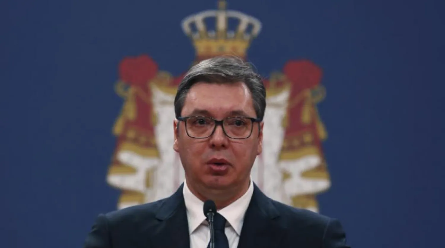 Sırbistan Cumhurbaşkanı Aleksandar Vucic Belgrad’da bir basın konferansı sırasında (AP)