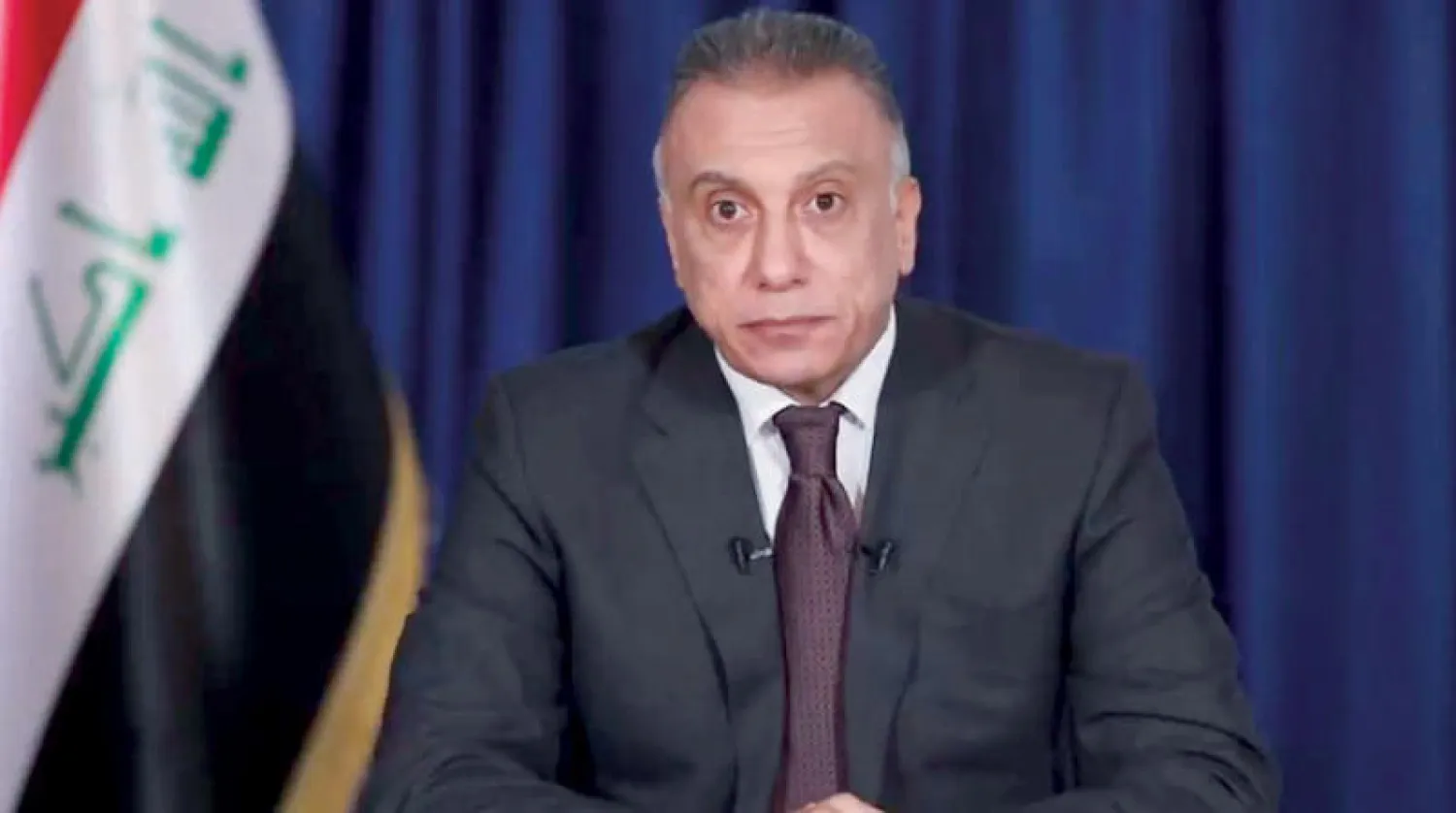 رئيس الوزراء العراقي المكلف مصطفى الكاظمي يخاطب العراقيين عبر التلفزيون الليلة قبل الماضية (أ.ف.ب)