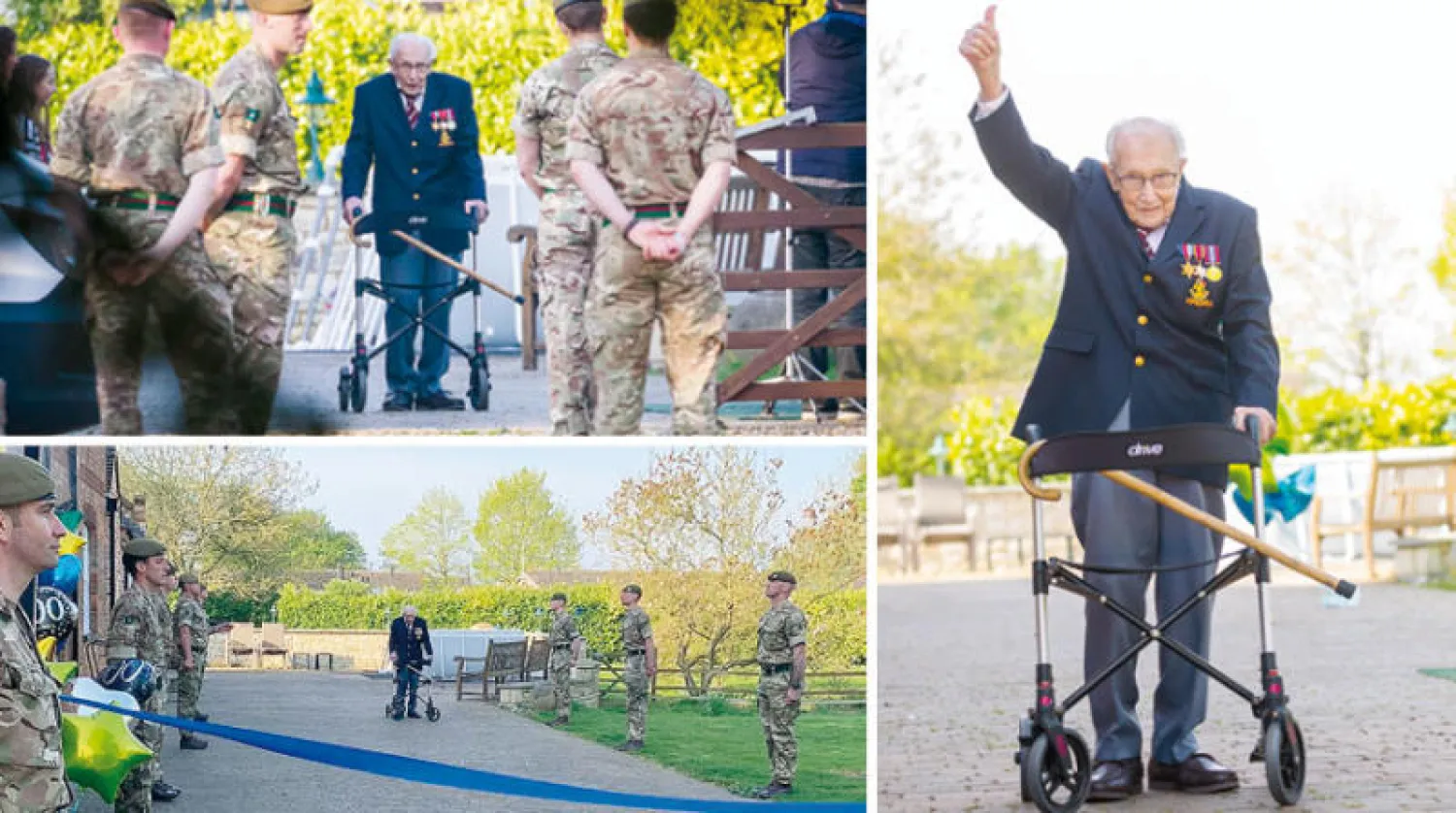 الكابتن مور بعد انتهاء جولته الـ100 في حديقة منزله أمس (إ.ب.أ)  -  الضابط المتقاعد يمر وسط حرس الشرف العسكري (إ.ب.أ)