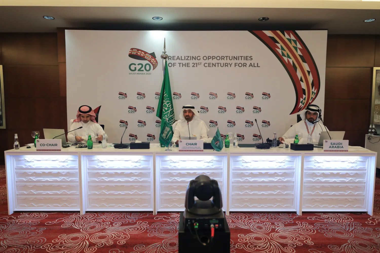 The Saudi Minister of Labor and Social Development chairs the meeting of G20 labor and employment ministers. G20 Saudi Arabia Twitter account