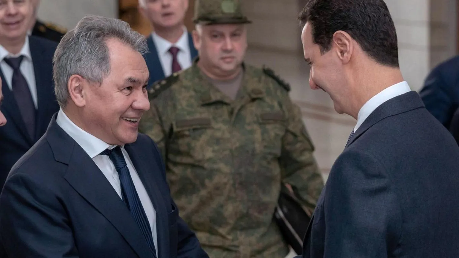  A handout photo made available by the official Syrian Arab News Agency (SANA) shows Syrian President Bashar Assad (R) receiving Russian Defense Minister Sergey Shoygu (L), Damascus, Syria, 19 March 2019. 
