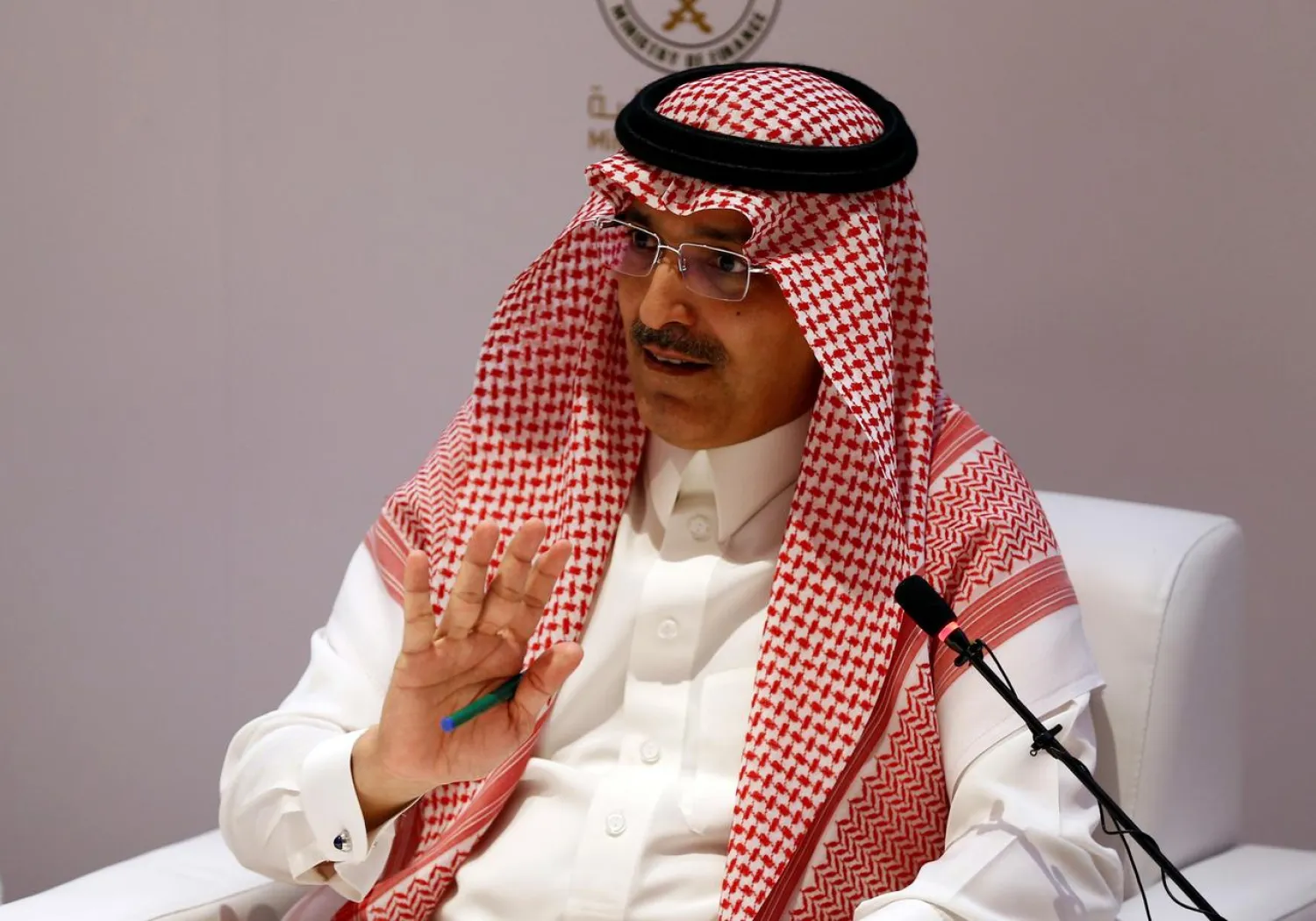FILE PHOTO: Mohammed Al-Jadaan, Saudi Minister of Finance, gestures during a news conference announcing the first Quarter of Saudi budget, in Riyadh, Saudi Arabia, May 11, 2017. REUTERS/Faisal Al Nasser