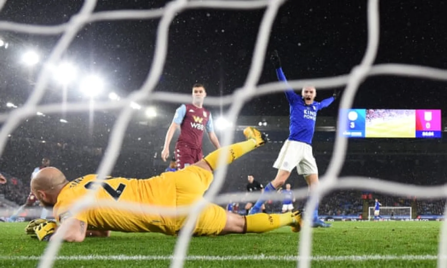  Jamie Vardy celebrates Leicester’s fourth, scored by Harvey Barnes, against Aston Villa on 9 March. It was the last goal scored in the Premier League before shutdown. Photograph: Michael Regan/Getty Images
