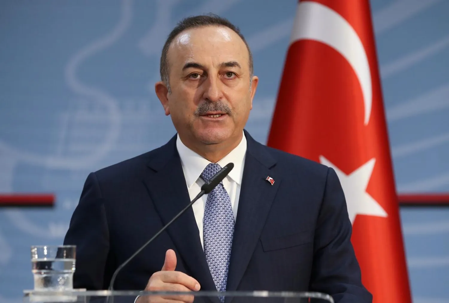 Turkish Foreign Minister Mevlut Cavusoglu speaks during a news conference in Tirana, Albania, February 12, 2020. Turkish Foreign Ministry/Handout via REUTERS