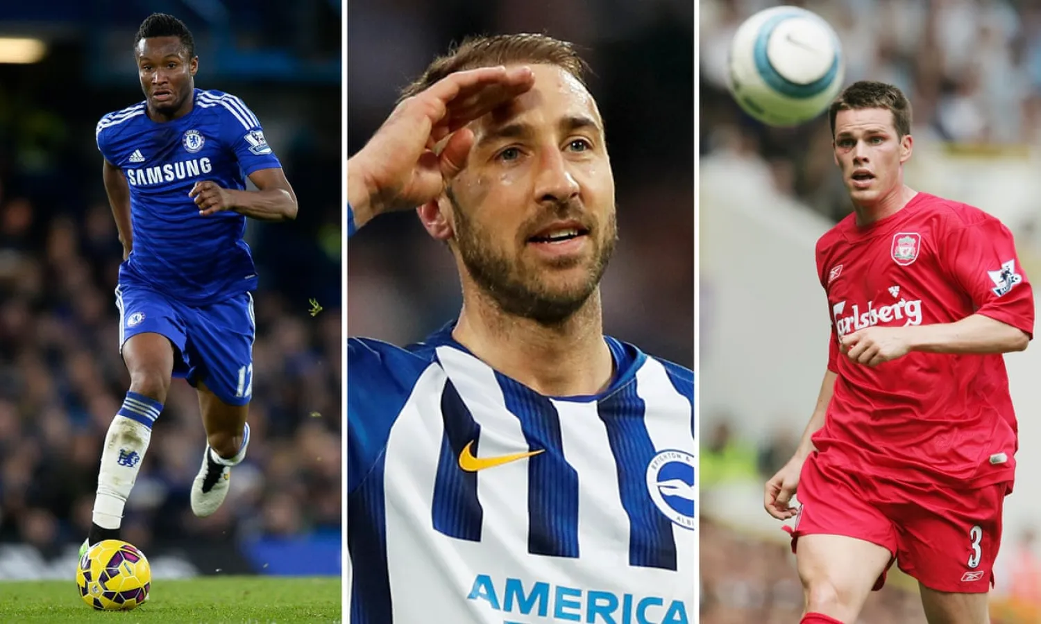 From left to right: Chelsea’s Mikel John Obi; Brighton’s Glenn Murray and Steve Finnan at Liverpool. Composite: Reuters/Getty/PA
