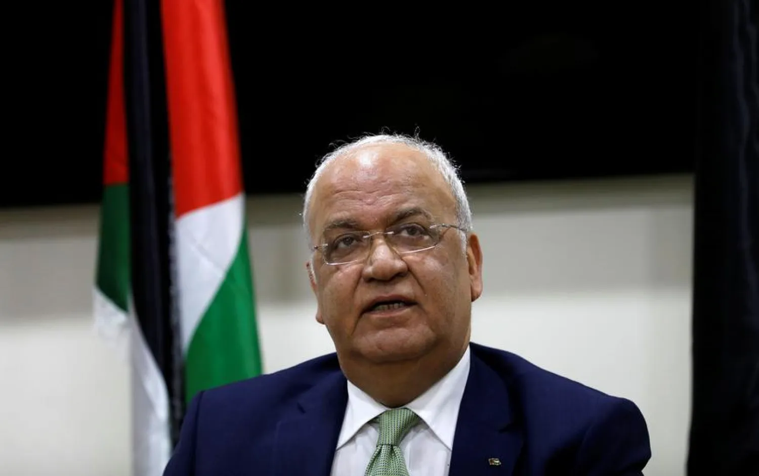 Palestine Liberation Organization Secretary-General Saeb Erekat looks on during a news conference following his meeting with foreign diplomats, in Ramallah, in the Israeli-occupied West Bank on January 30, 2019. REUTERS/Mohamad Torokman
