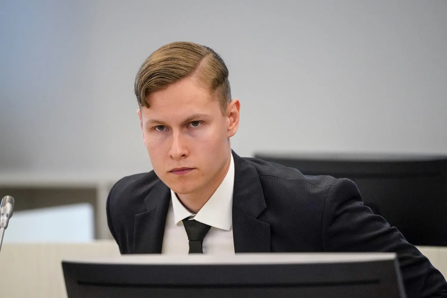 Norwegian suspect Philip Manshaus attends the start of his trial on terrorism and murder charges in the Asker and Baerum district court in Sandvika, west of Oslo, Norway, 07 May 2020. (EPA)