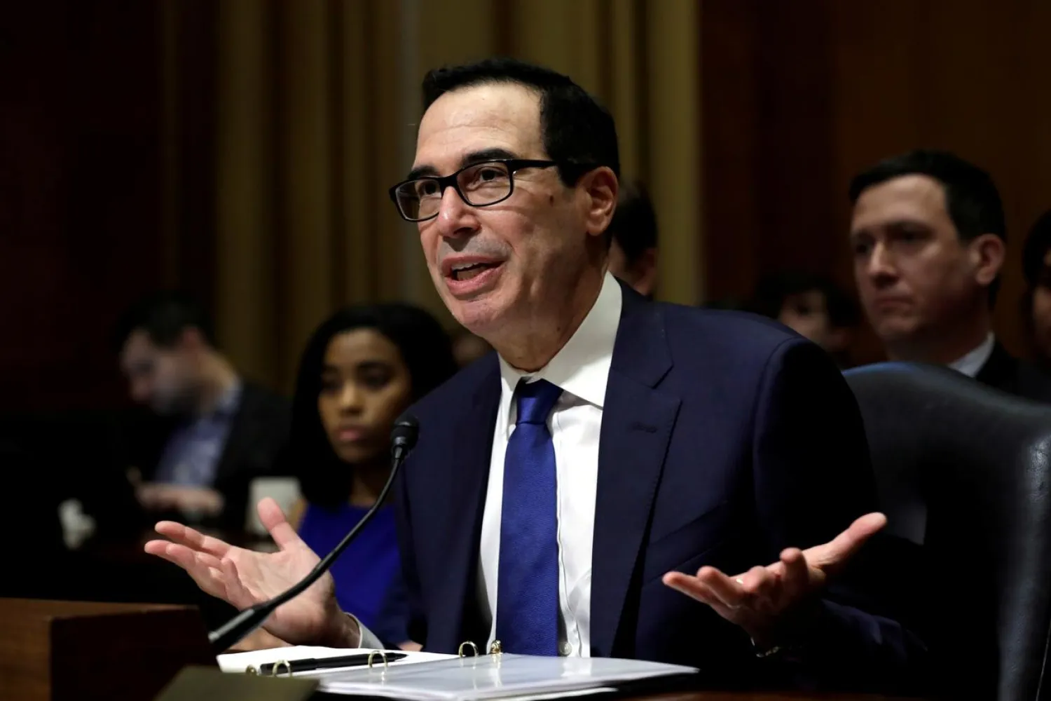 FILE PHOTO: US Treasury Secretary Steven Mnuchin testifies before the Senate Finance Committee during a hearing on Capitol Hill in Washington, US, February 12, 2020. REUTERS/Yuri Gripas