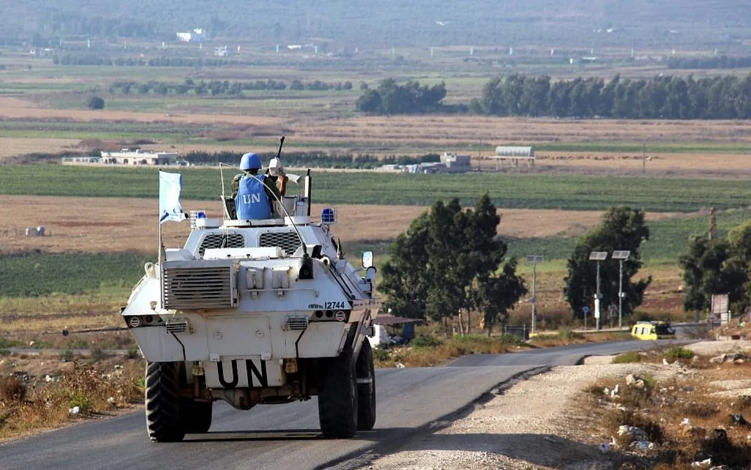  Vehicles belonging to UN peacekeepers drive along a road along the Israel-Lebanon border near the southern Lebanese town of Kfar Kila on September 1, 2019. (Ali Dia/AFP)
