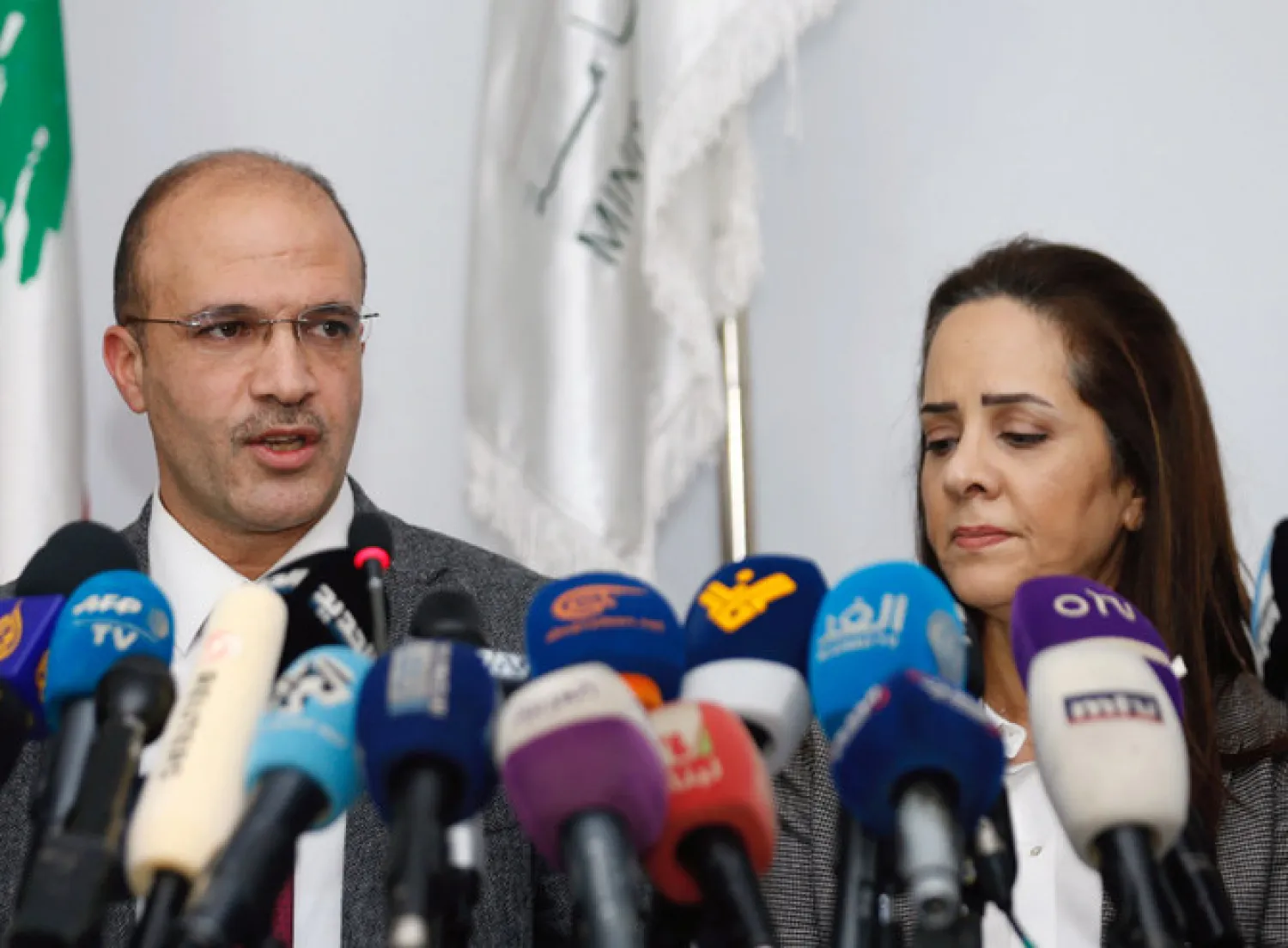 Lebanon’s Minister of Health Hamad Hassan and Iman Shantiki, WHO representative in Lebanon, attend a news conference, after the country's first case of the novel coronavirus was confirmed, in Beirut on Feb. 21, 2020. (REUTERS/Mohamed Azakir)