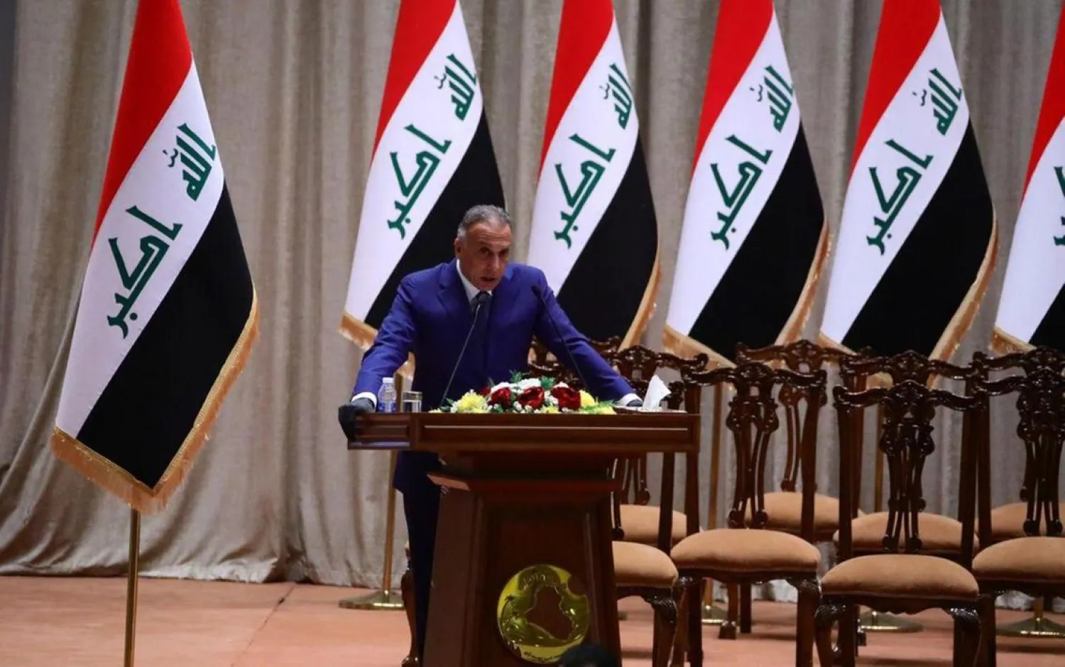 Mustafa al-Kadhimi delivers a speech after being confirmed as the new Iraqi prime minister. (EPA)